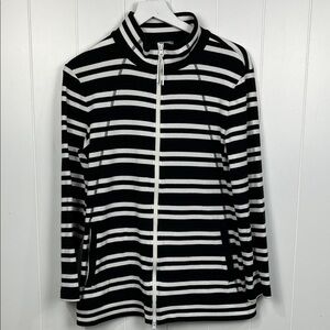 T by Talbots Womens Lightweight Jacket L Black White Stripe Front Zip Pockets